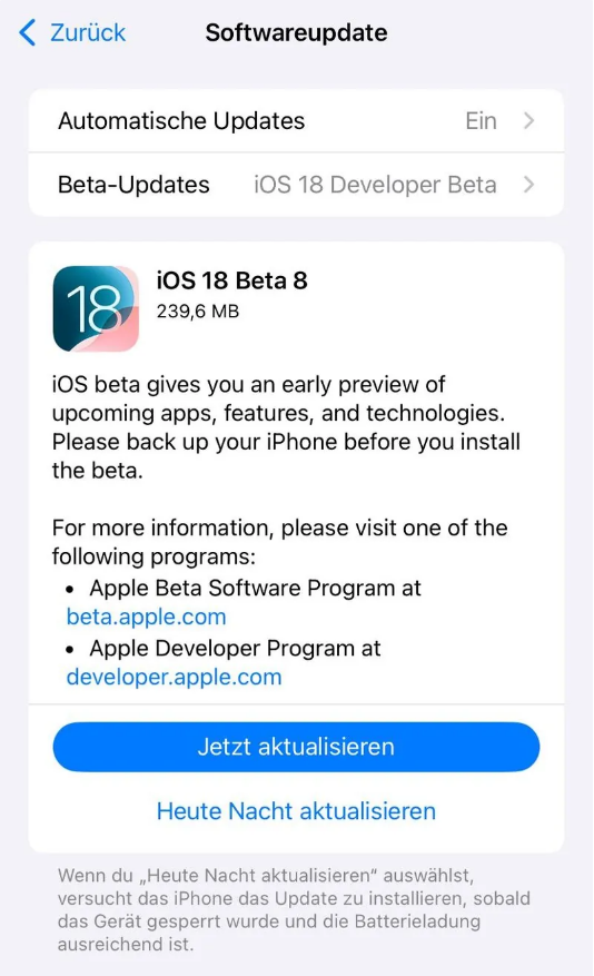 汉阴苹果手机维修分享苹果 iOS / iPadOS 18 开发者预览版 Beta 8 发布 